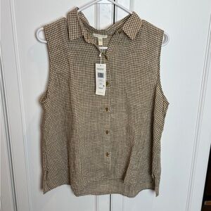 Eileen Fisher Tan Cream Sleeveless Button Down Shirt
